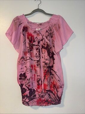 Women's Pink Floral Sheer Blouse Cato whimsigoth fairy tops